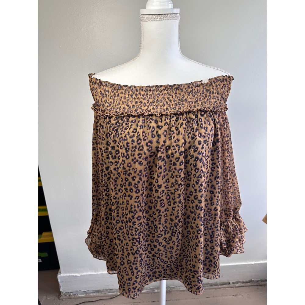 CeCe Leopard Print Off The Shoulder Smocked Ruffle Cuff Blouse Brown Medium